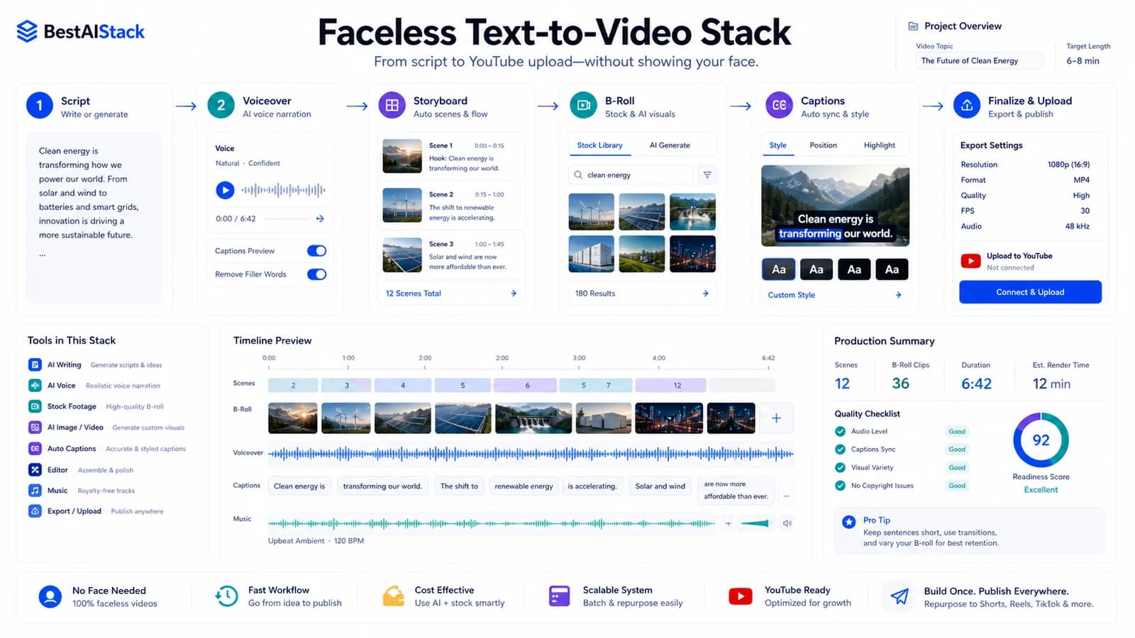 Faceless text-to-video workflow dashboard turning a script into voiceover, storyboard, B-roll, captions, and upload