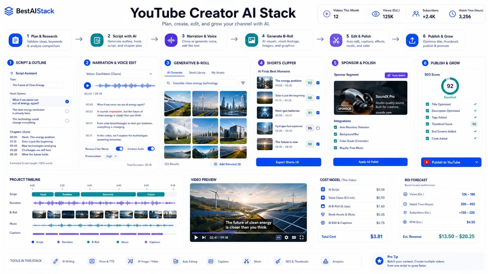 YouTube creator AI stack dashboard for script, narration edit, generative B-roll, shorts clipping, sponsor polish, and cost model