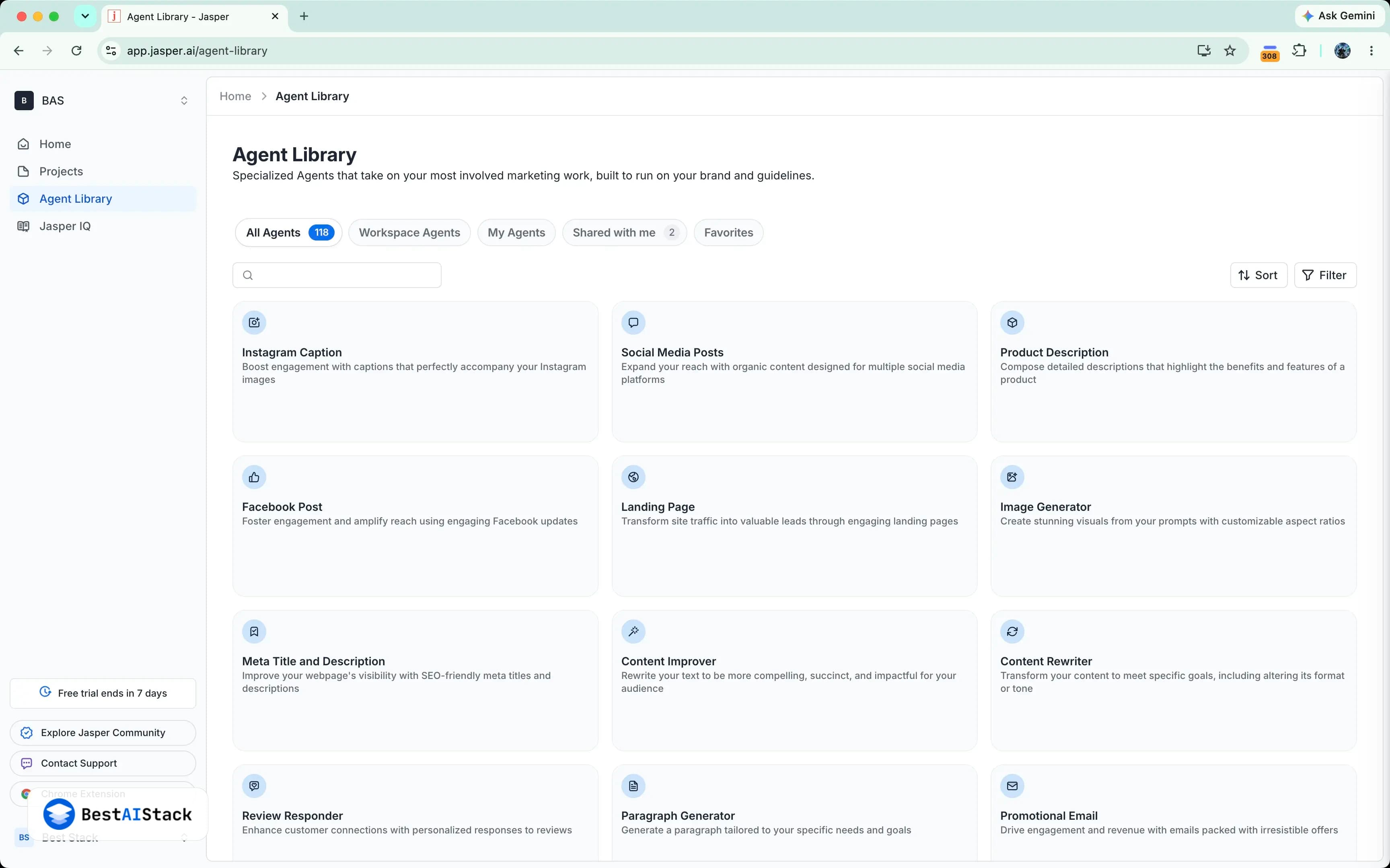 Jasper AI document editor showing Boss Mode long-form writing interface with sidebar templates and compose button