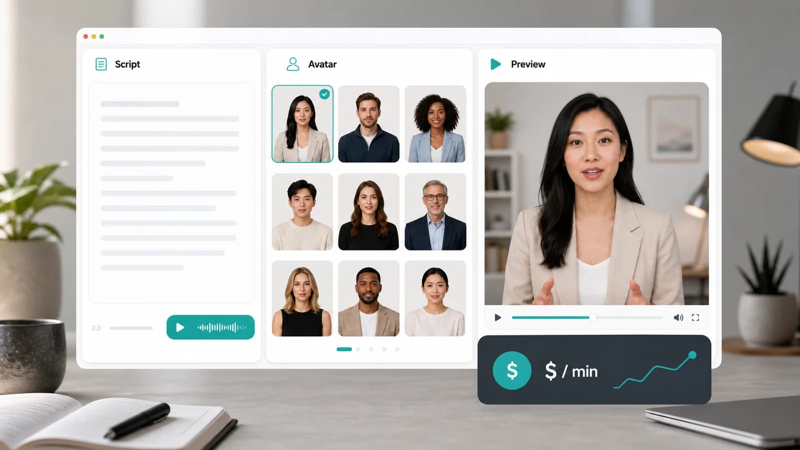 HeyGen AI avatar video interface showing script input, avatar selection, and preview render with pricing overlay