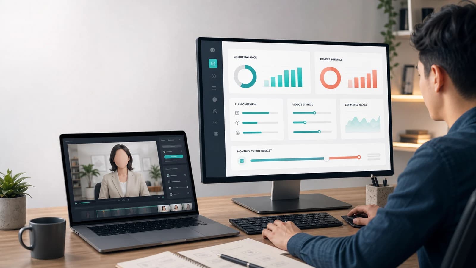 Operator workspace comparing HeyGen AI avatar video pricing tiers and a talking-head avatar on screen