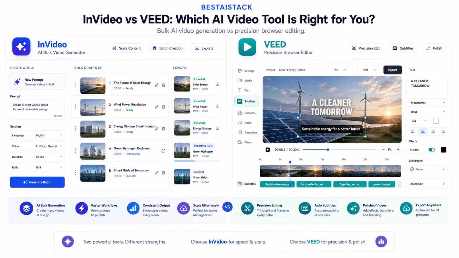 Split-screen comparison of InVideo and VEED browser interfaces showing AI video generation versus manual editing timeline