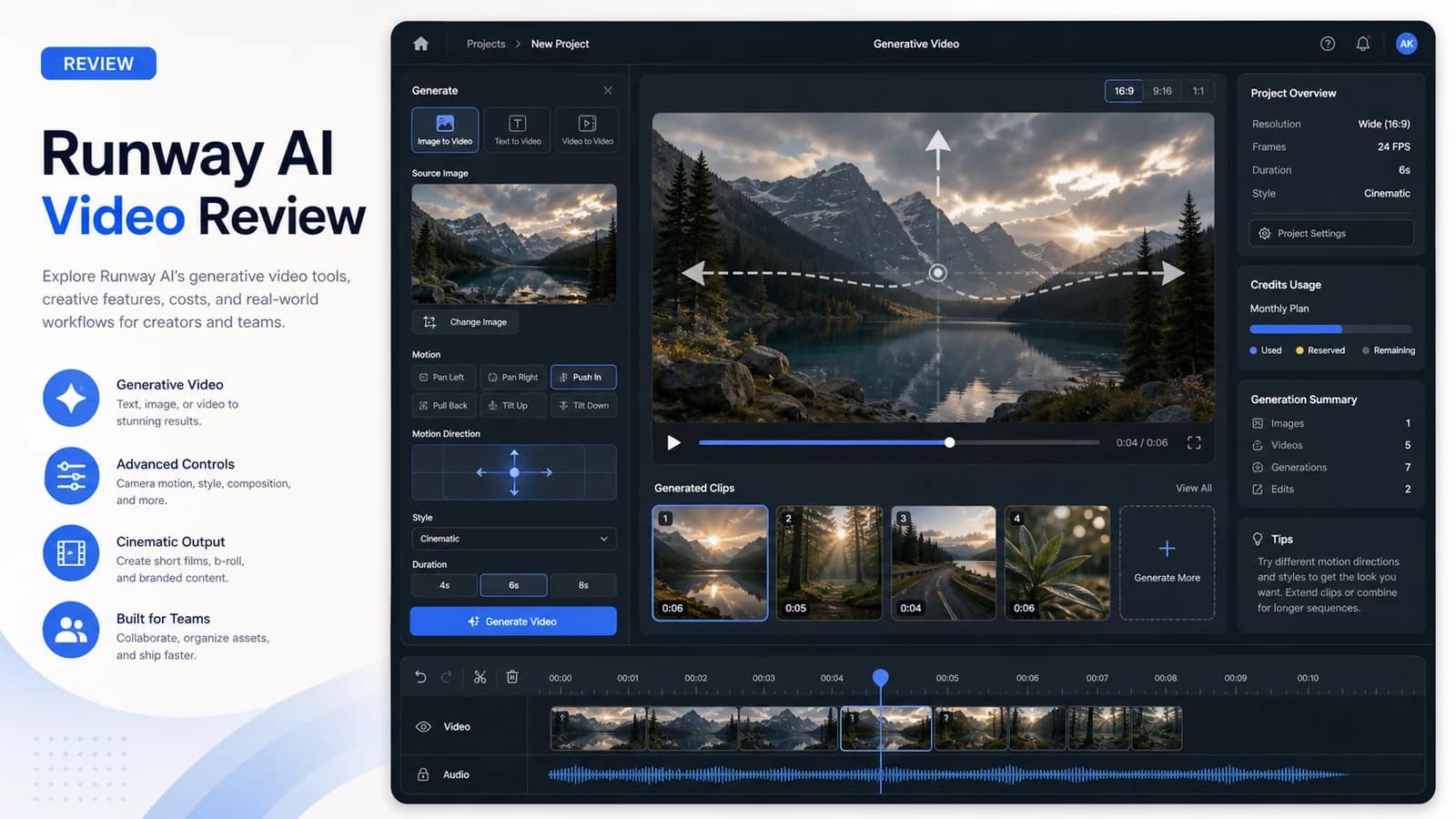 Runway AI video review workspace showing a cinematic image-to-video timeline, motion controls, and credit-cost panels