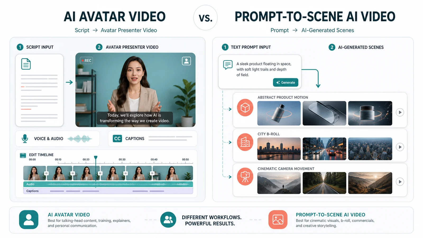 Diagram contrasting AI avatar video tools with generative AI video tools