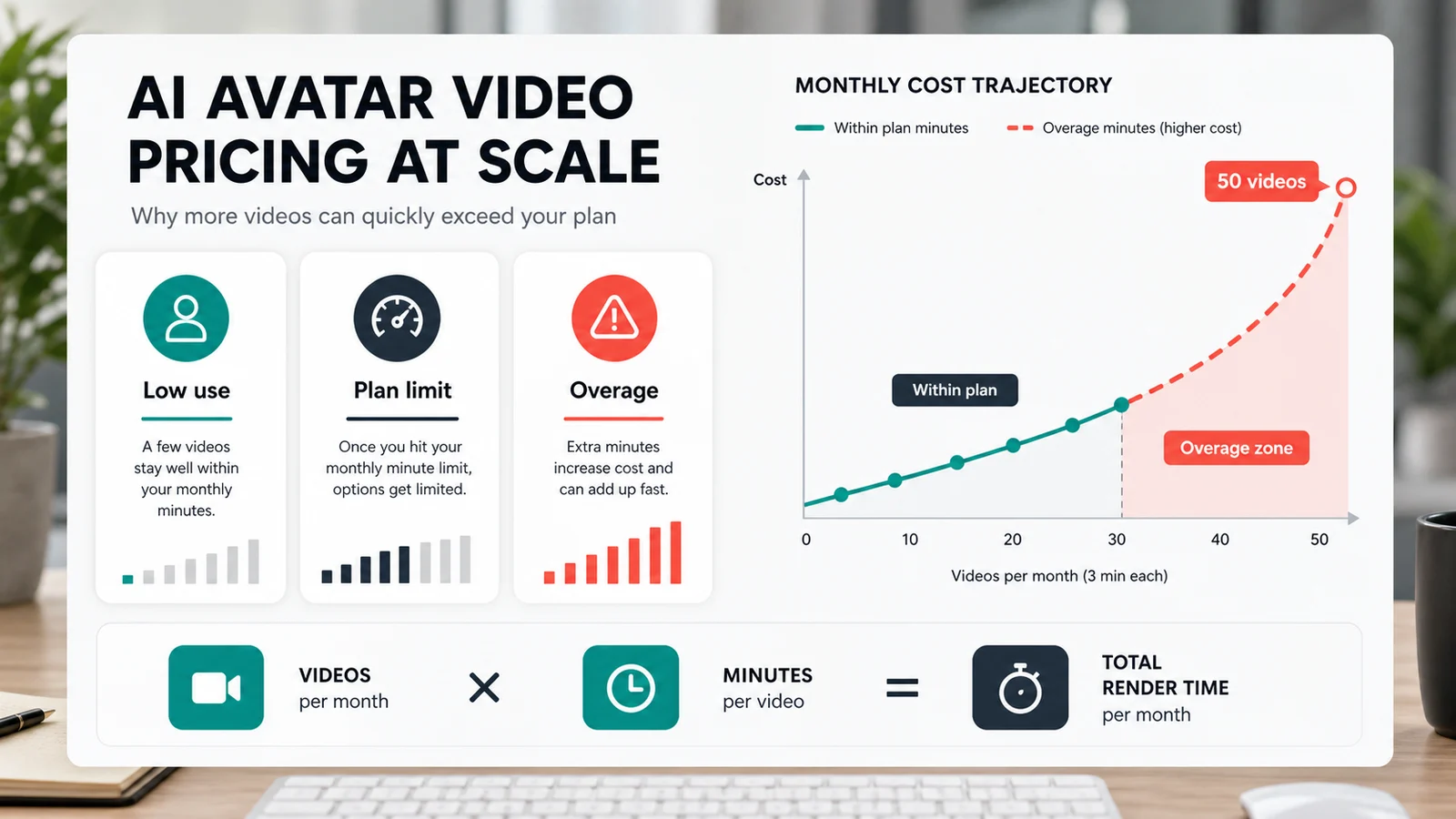 AI avatar video pricing at scale dashboard showing plan limits, overage zone, and 50-video render-time math