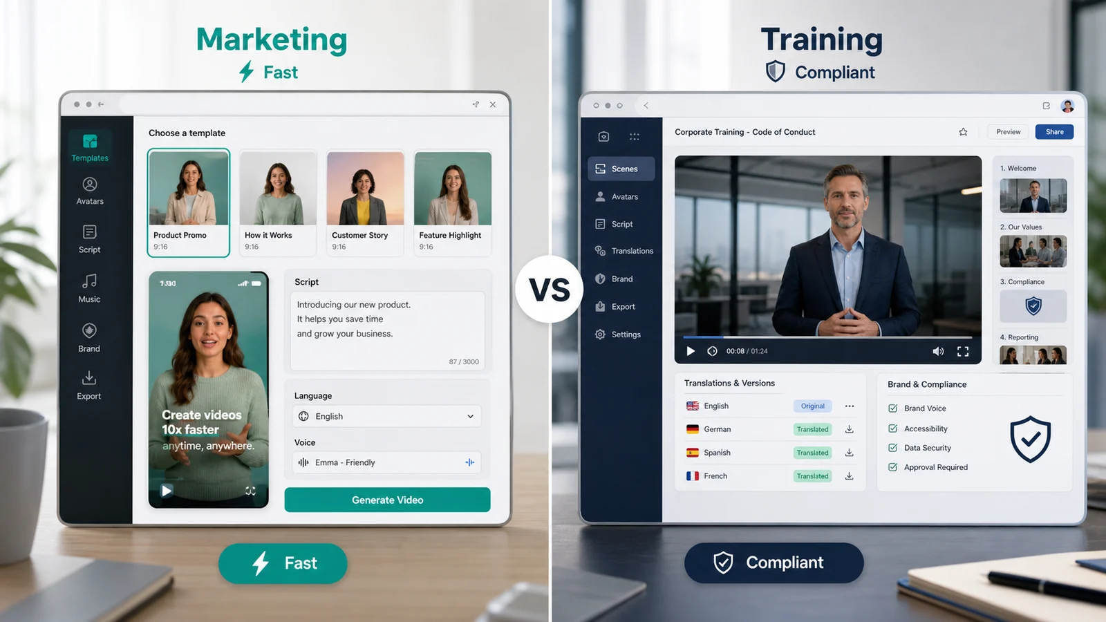 Side-by-side AI avatar workflow comparison showing a fast marketing template setup and a compliant corporate training setup