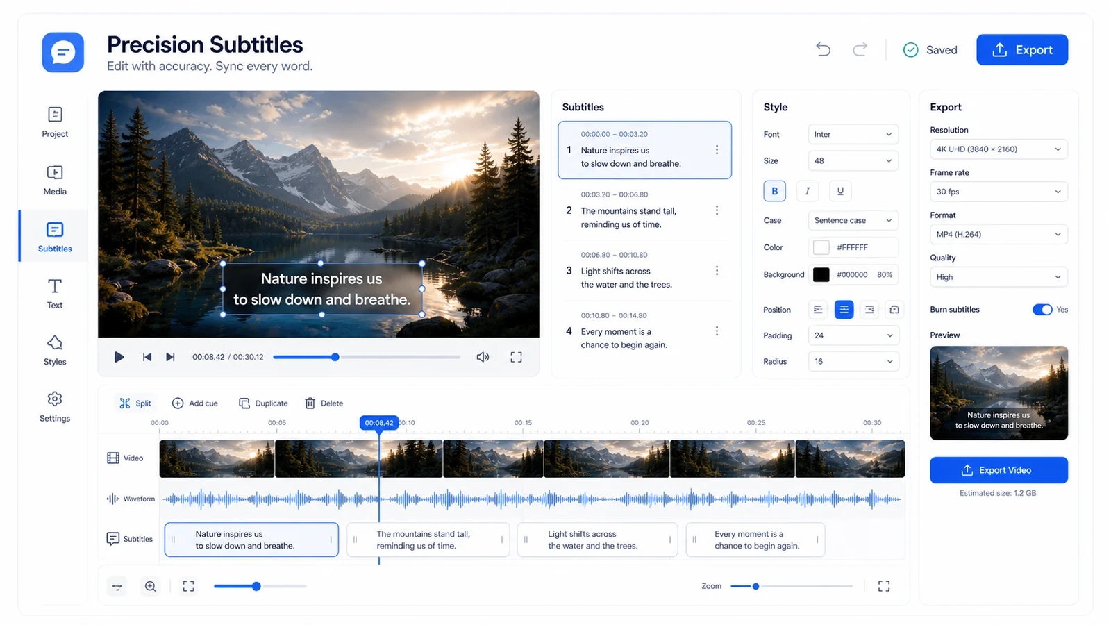 Precision subtitle editing timeline with waveform, caption blocks, and export controls