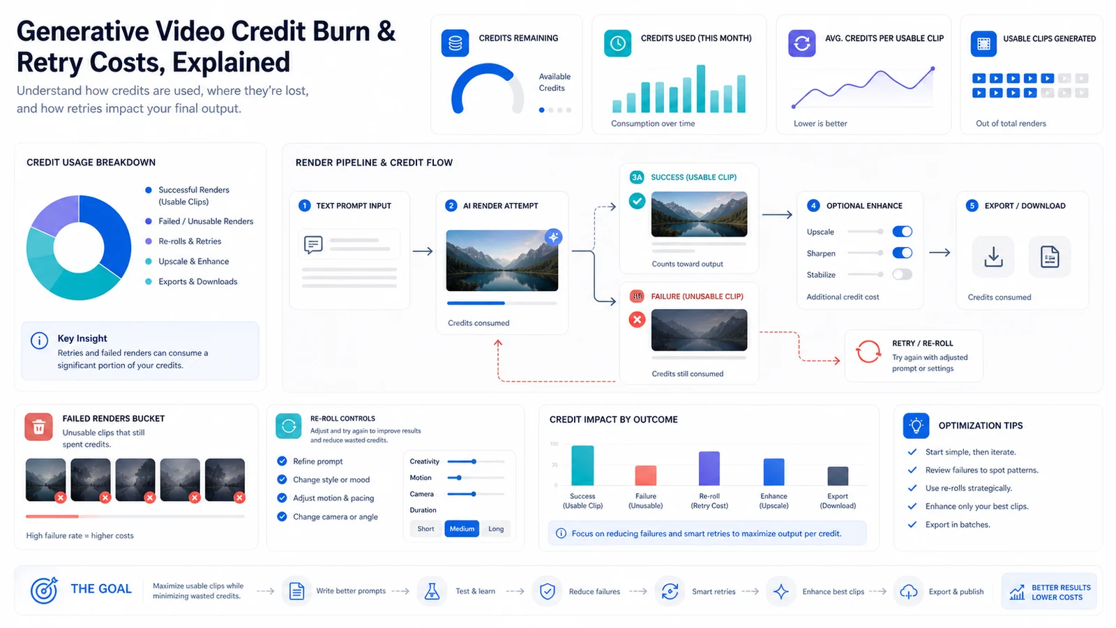 Runway-style credit dashboard showing render retries, failed clips, and compounding cost layers